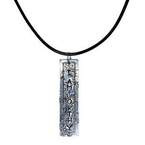 Handmade stamped motivational silver rectangle‎ pendant Black leather necklace